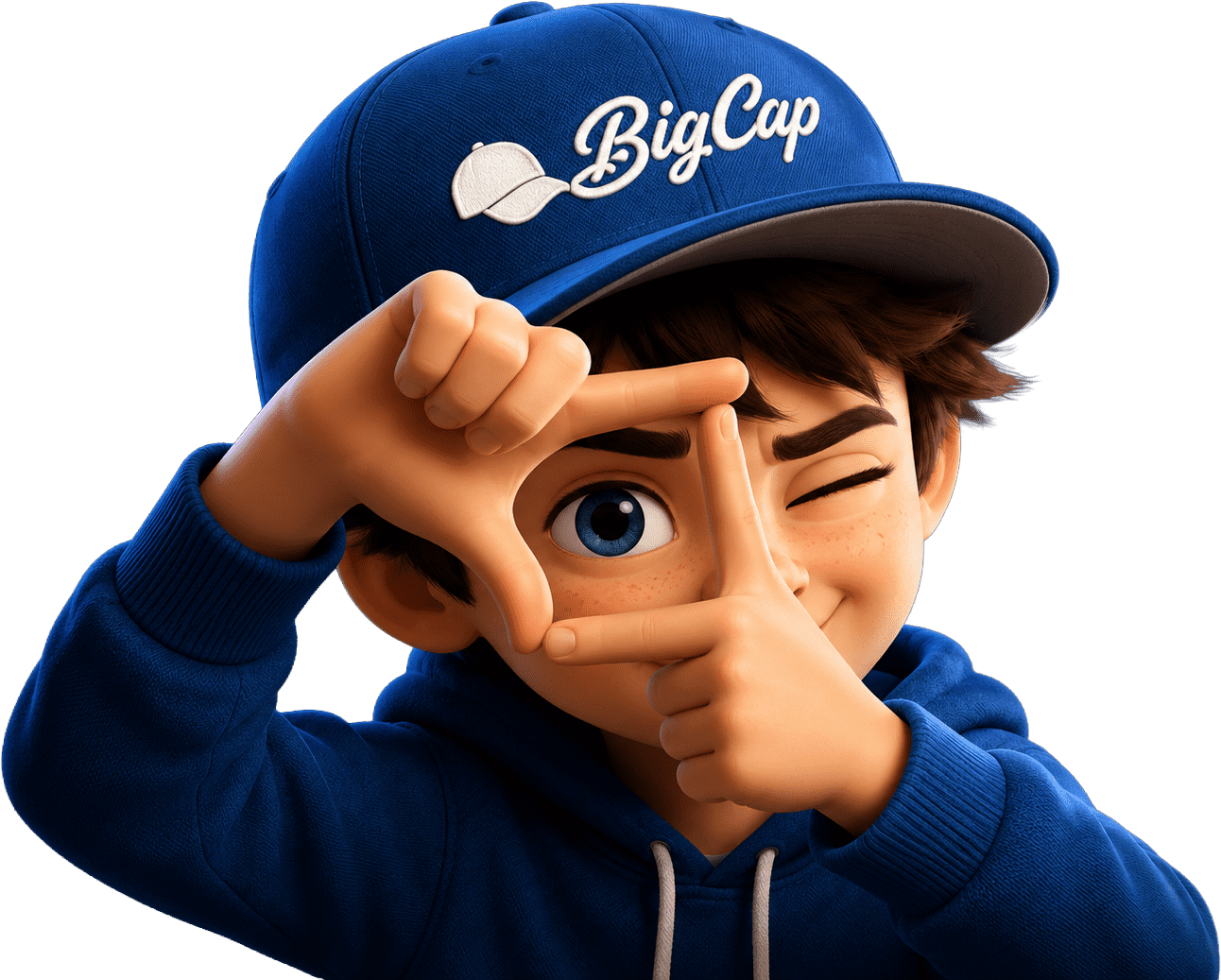 BigCap mascot framing a shot with his fingers, up close