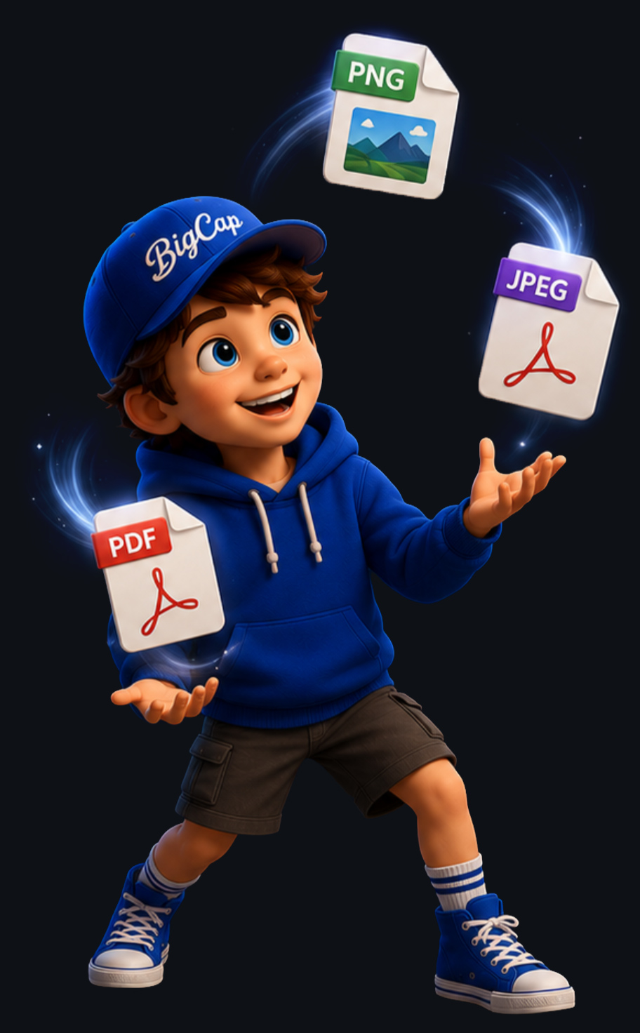 BigCap mascot juggling PNG, JPEG, and PDF files