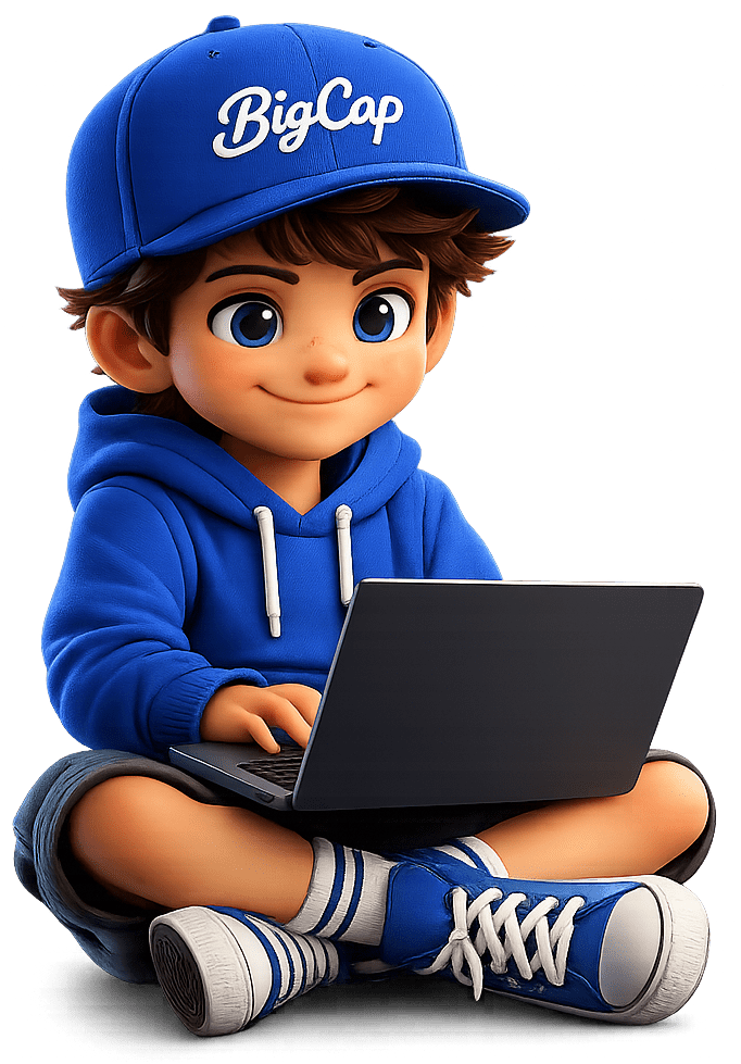 BigCap mascot sitting cross-legged with a laptop