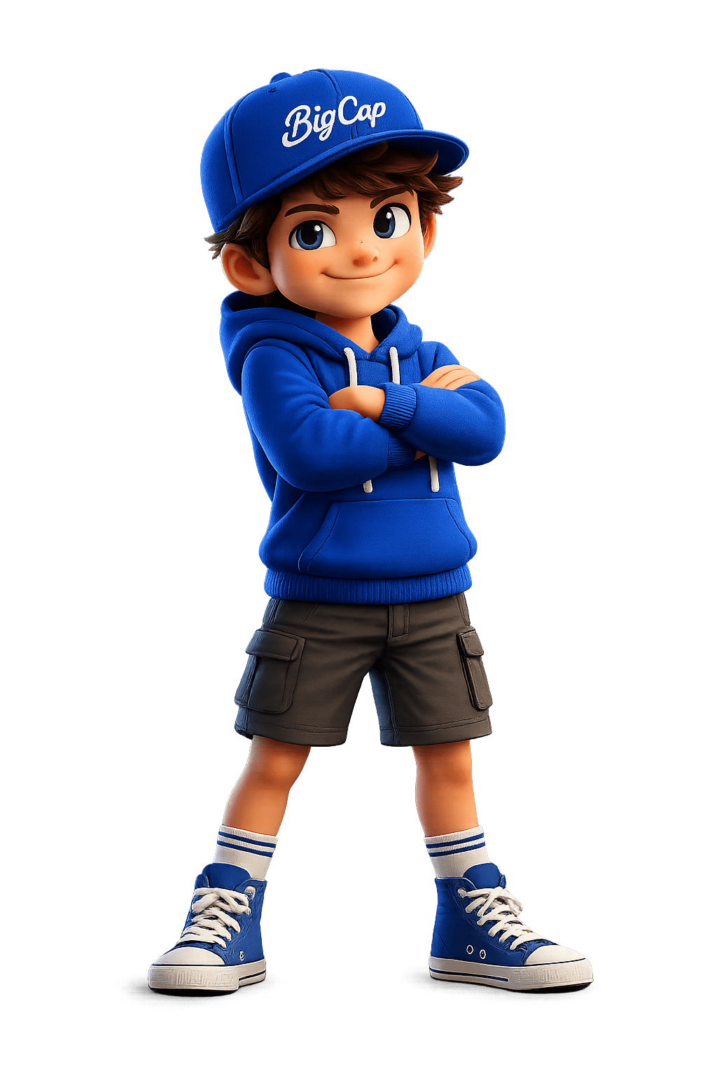 BigCap mascot standing with arms crossed