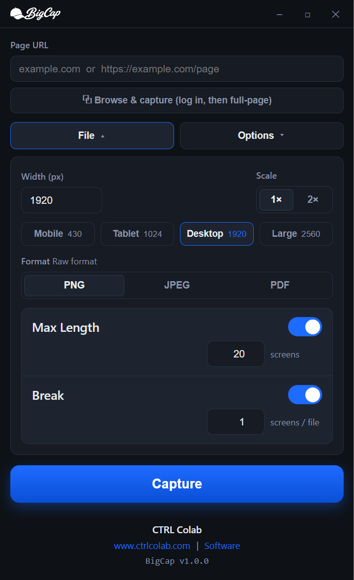 The File menu open, showing Width, presets, Scale, Format, Max Length, and Break