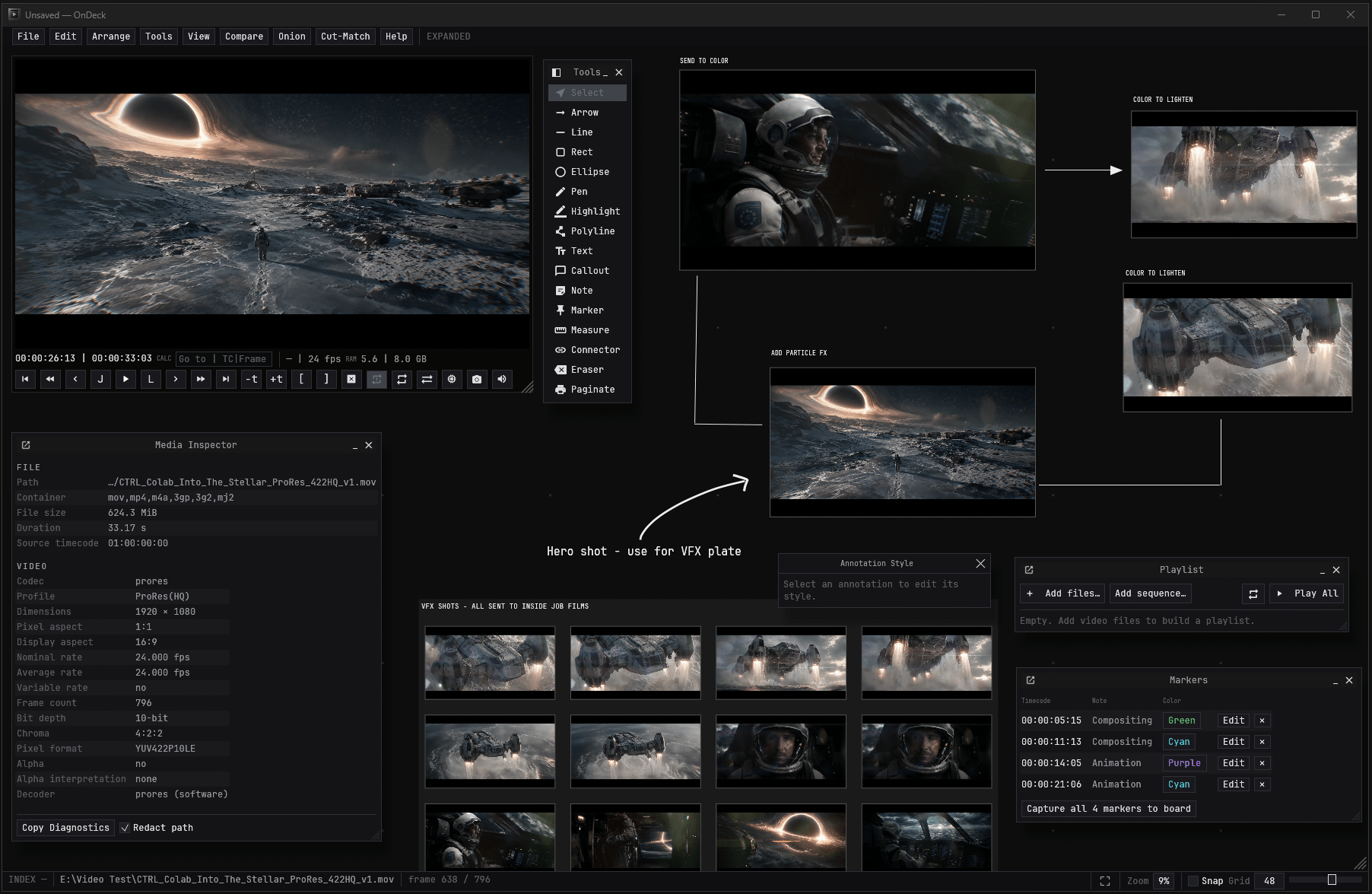 An OnDeck board routing shots to departments: captures joined by connectors and arrows with notes reading SEND TO COLOR, COLOR TO LIGHTEN and ADD PARTICLE FX, beside the player, Playlist and Markers panels.