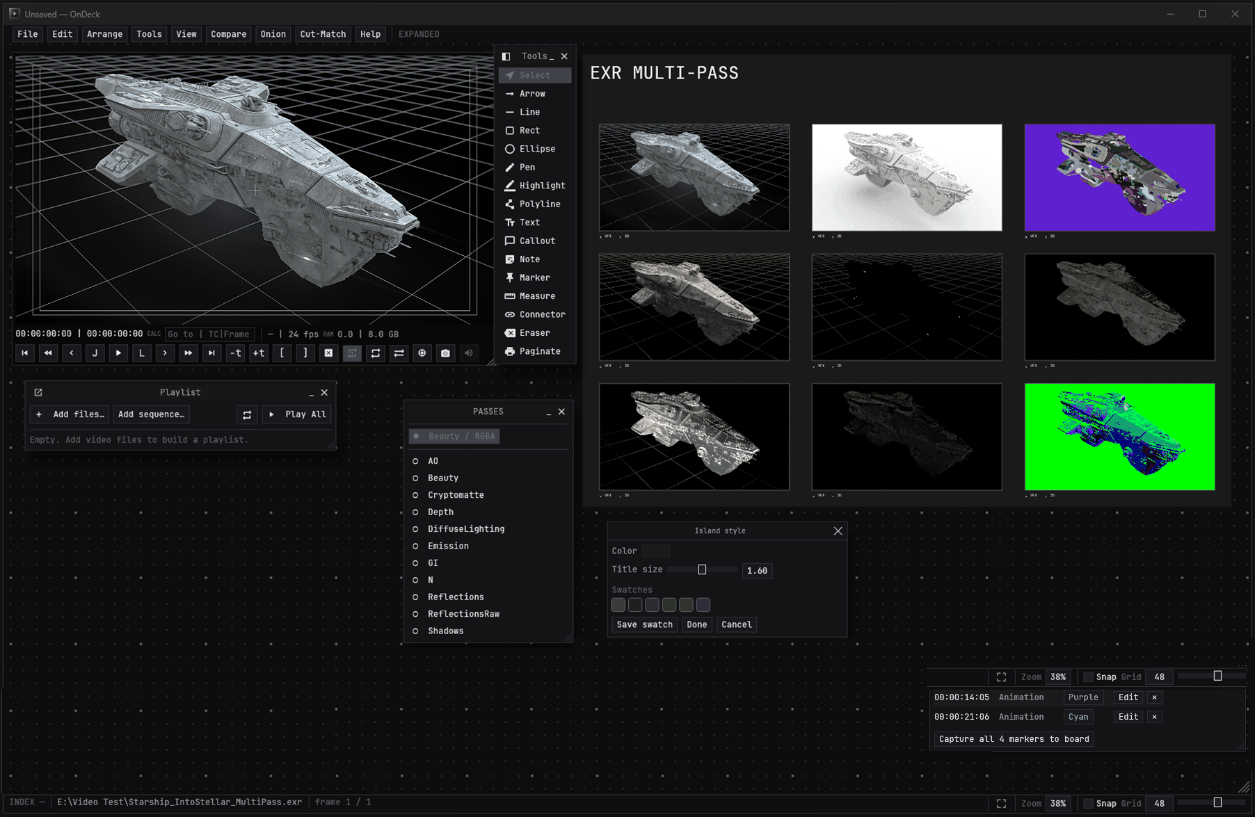 A multi-pass EXR open in OnDeck: the PASSES palette lists AO, Beauty, Cryptomatte, Depth, DiffuseLighting, Emission, GI, N, Reflections and Shadows, with nine of those passes captured onto the board.