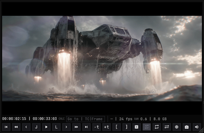 OnDeck in compact mode: the player alone with its transport bar, timecode readout, frame rate and RAM cache indicator.