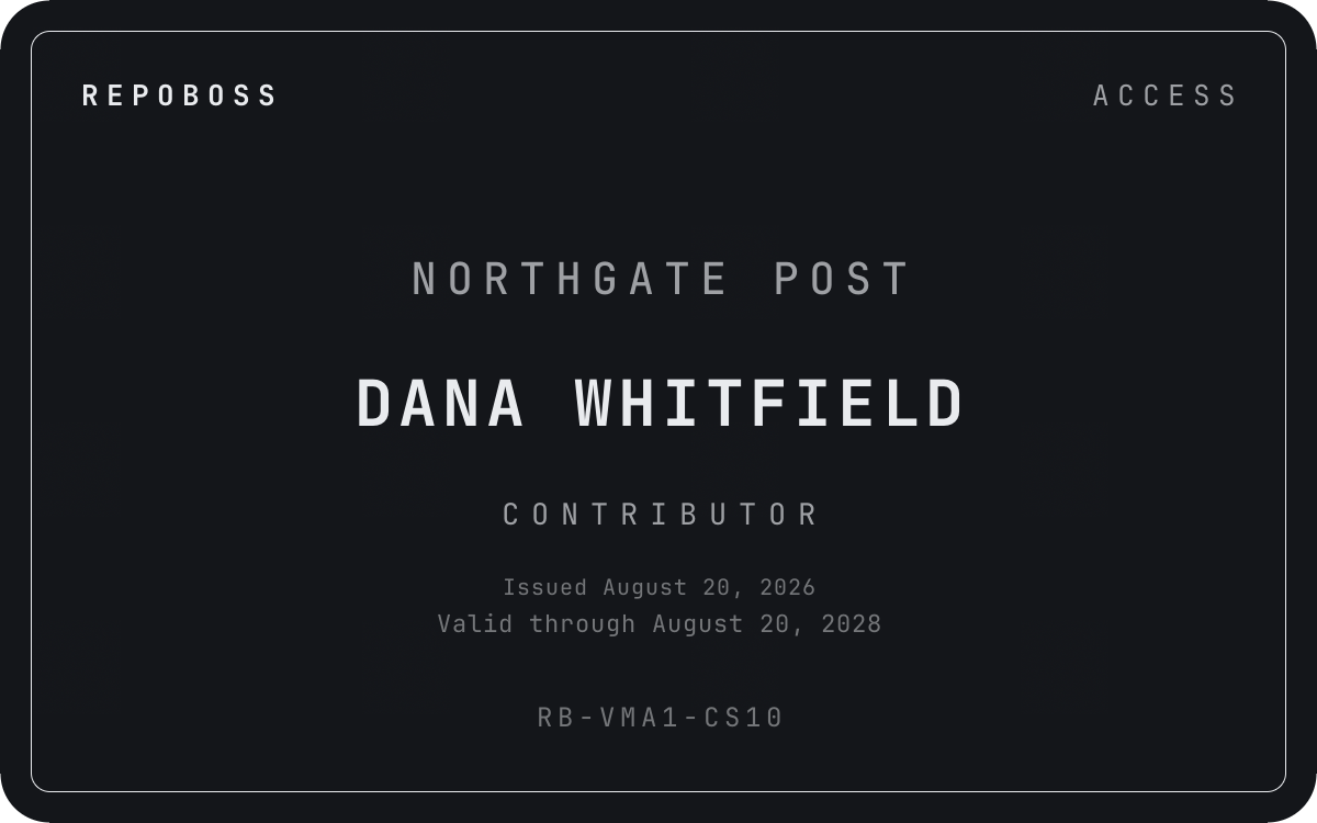 A RepoBoss Access Card. REPOBOSS at the top left and ACCESS at the top right, then the organisation Northgate Post, the holder Dana Whitfield, the role Contributor, the dates it was issued and is valid through, and the serial RB-VMA1-CS10.