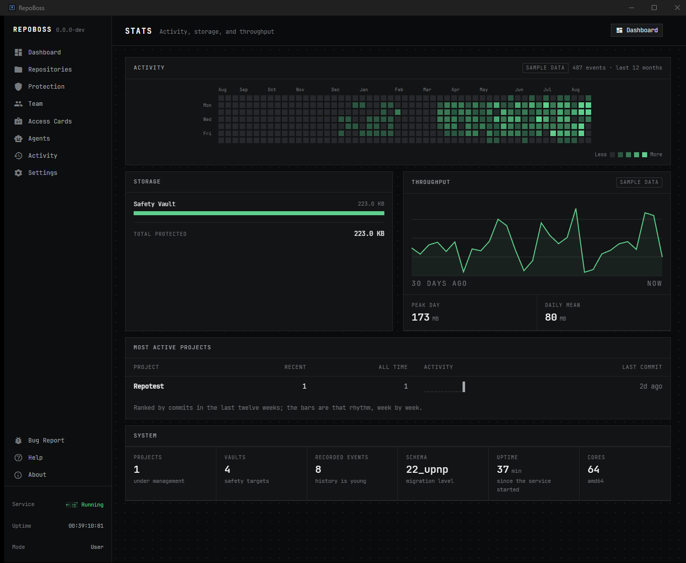 The RepoBoss window: a sidebar listing Dashboard, Repositories, Protection, Team, Access Cards, Agents, Activity and Settings, beside panels charting a year of commit activity, vault storage, throughput and the most active projects.
