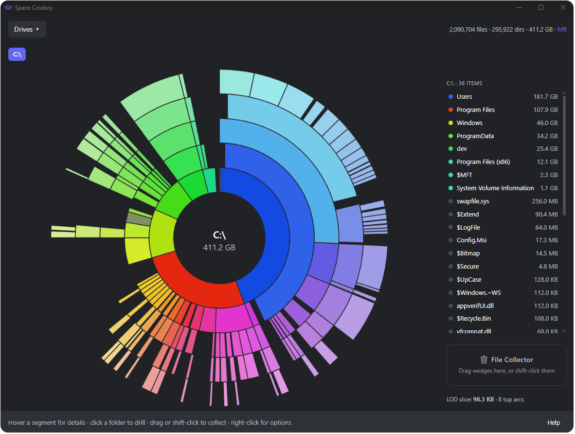 Space Cowboy showing a drive as a rainbow radial map