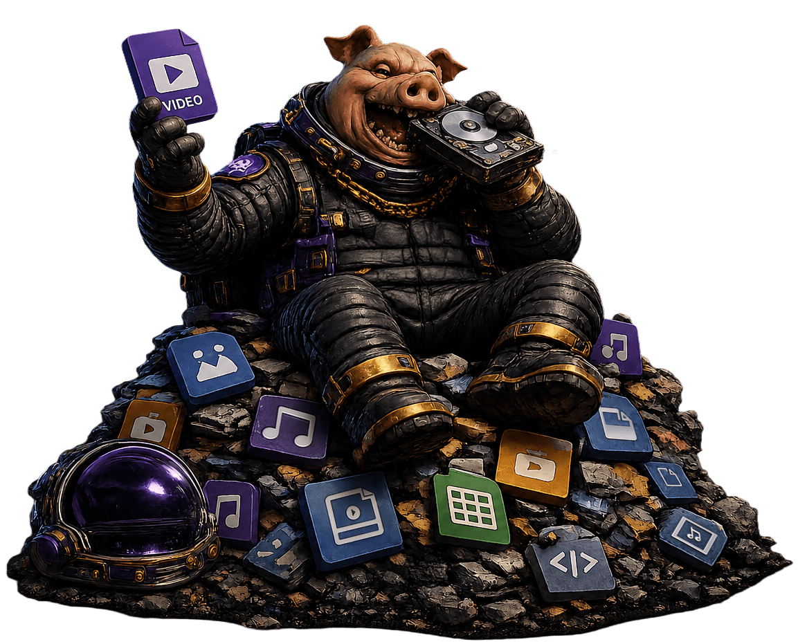 A space hog mascot representing large storage-hungry files