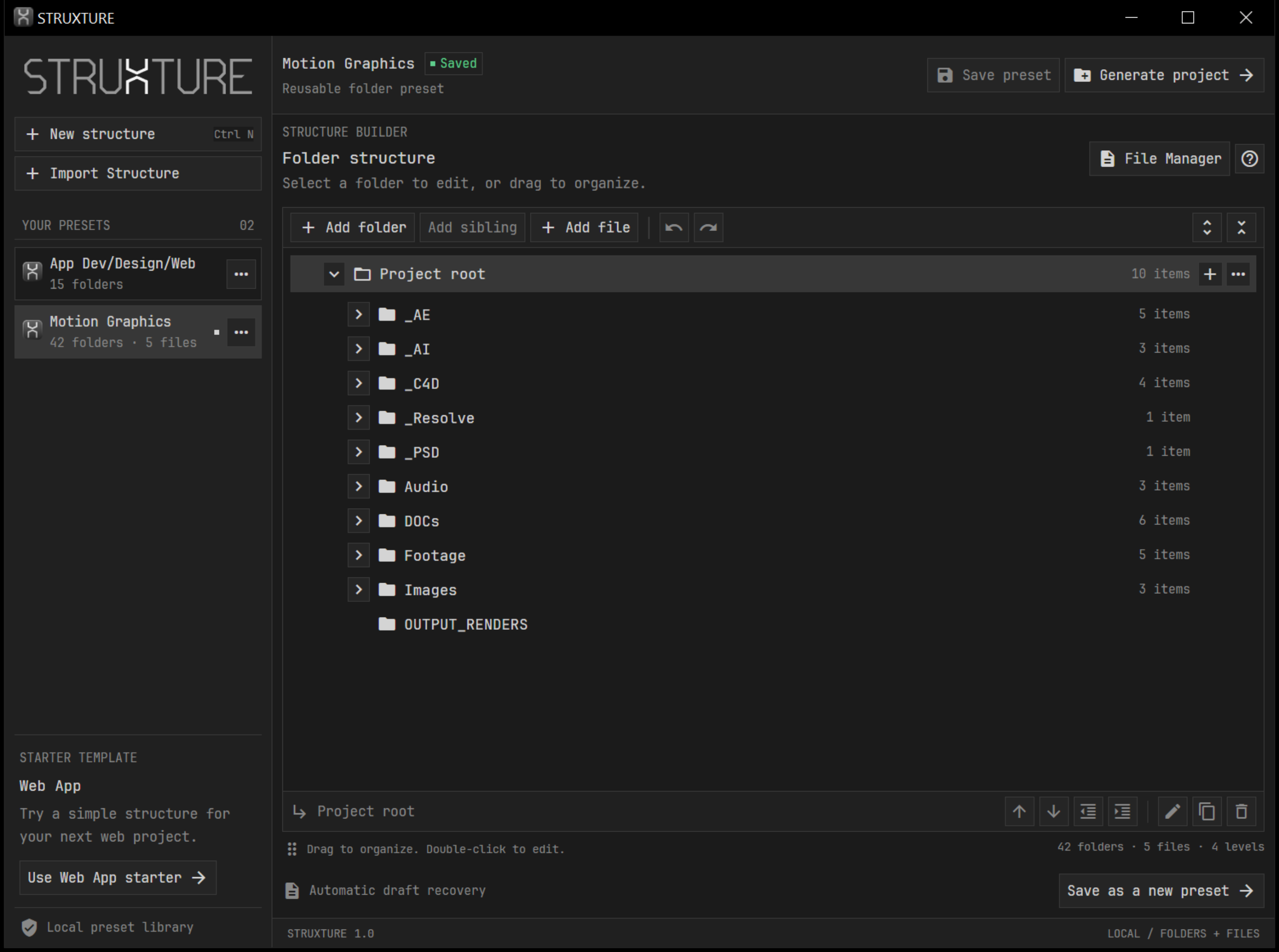 STRUXTURE structure builder showing the Motion Graphics preset with folders and file counts