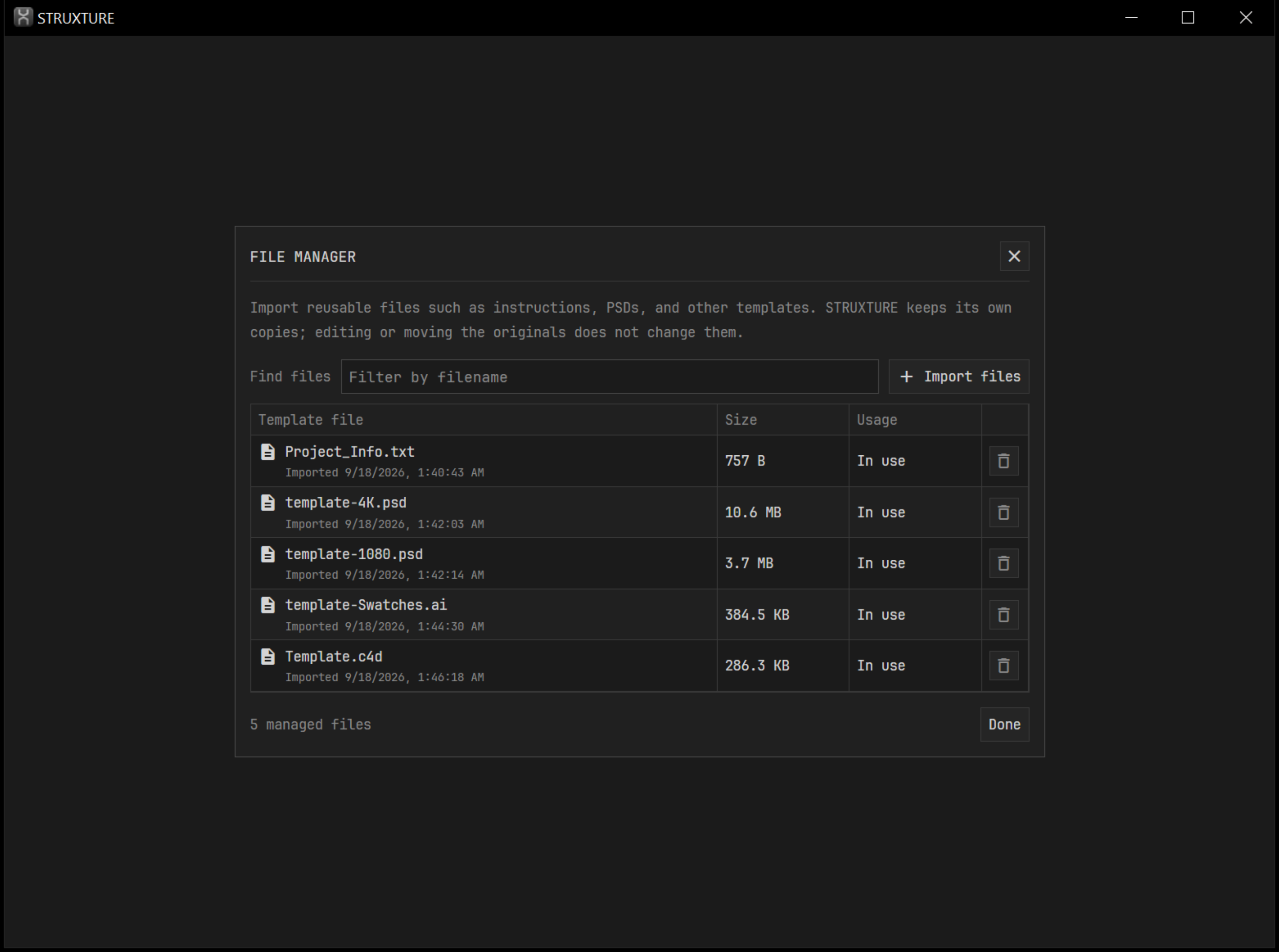 File Manager listing Project_Info.txt, template-4K.psd, template-1080.psd, template-Swatches.ai and Template.c4d