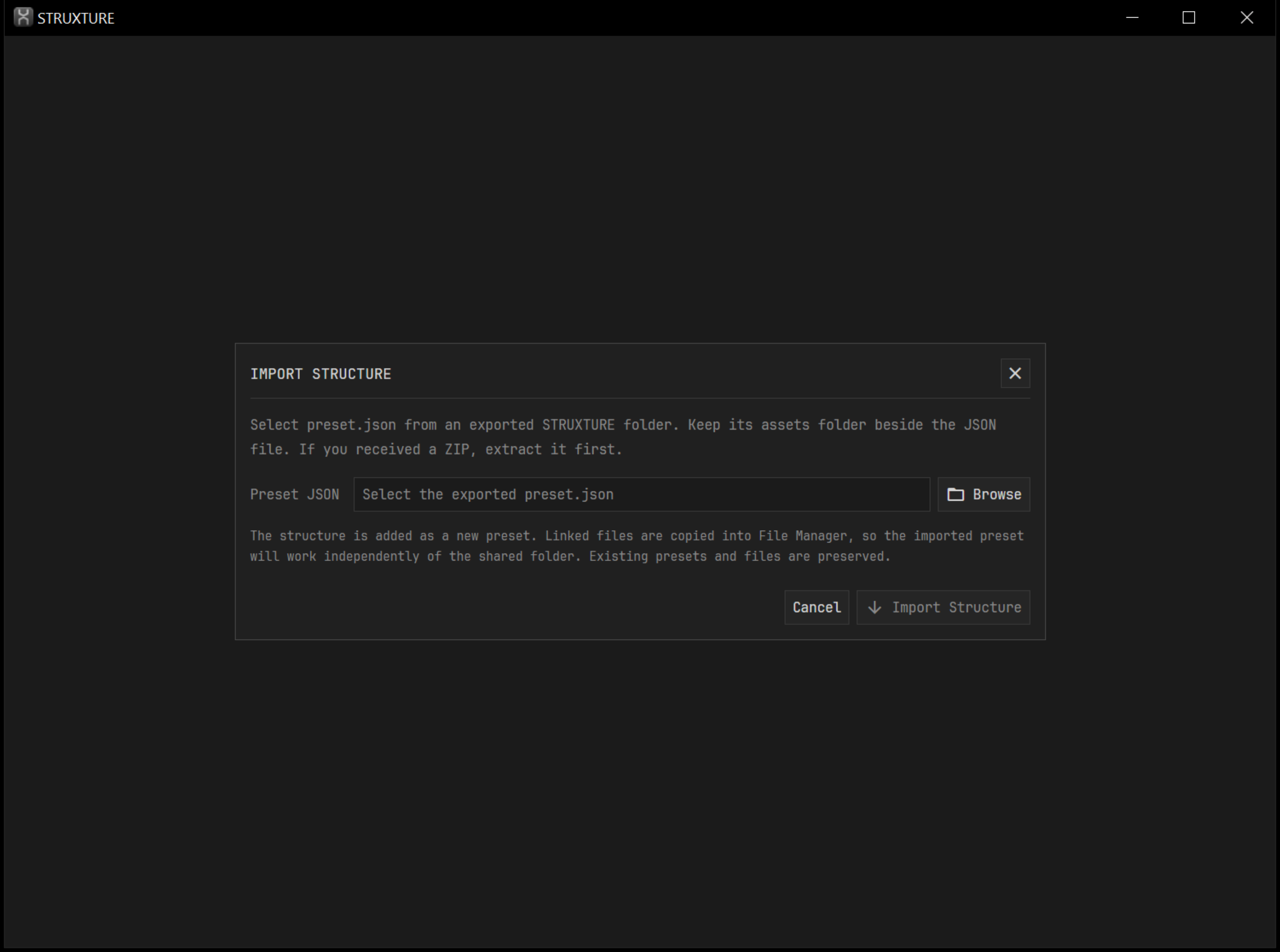 Import structure dialog selecting an exported preset.json
