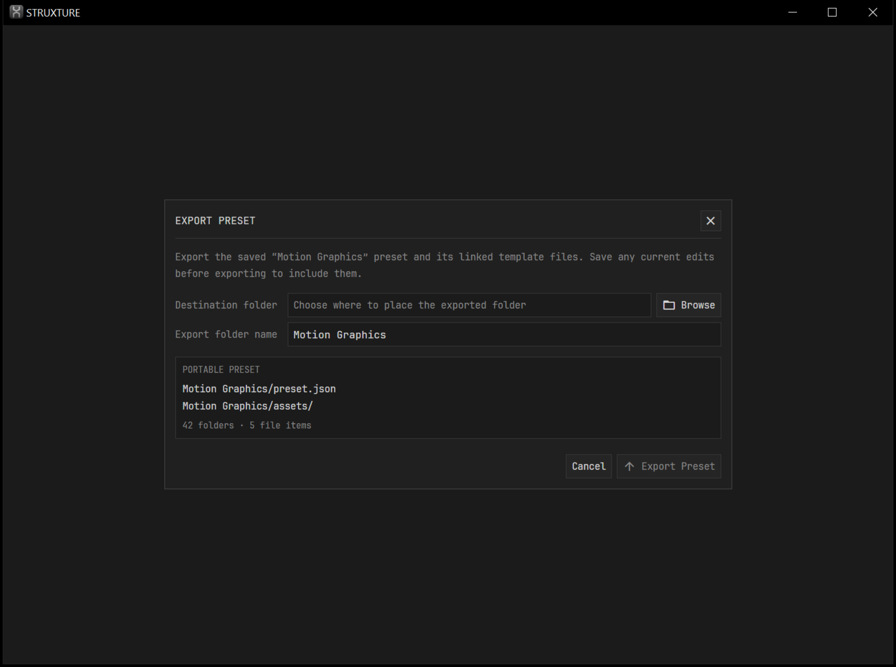 Export preset dialog producing preset.json and an assets folder