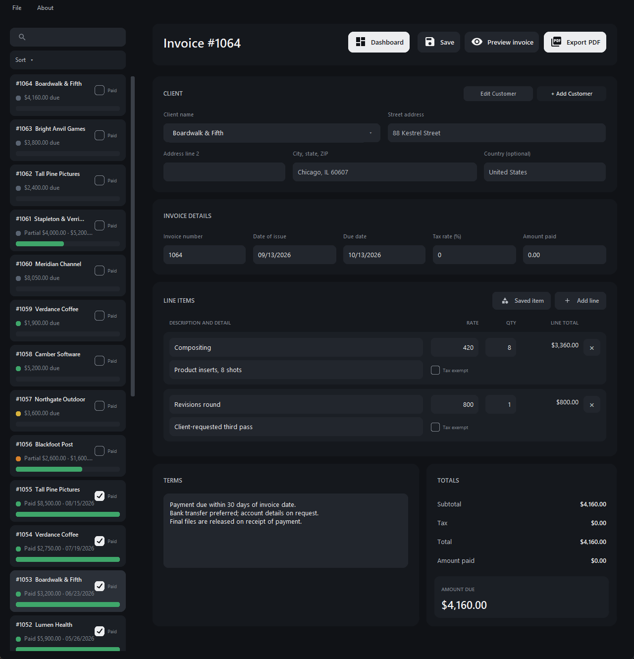 An invoice being written: the client's details, invoice number and dates, line items with rate, quantity and line total, editable payment terms and live totals.