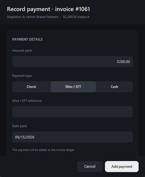 Recording a payment against a part-paid invoice: amount, payment type and reference, the date paid, and the balance shown.