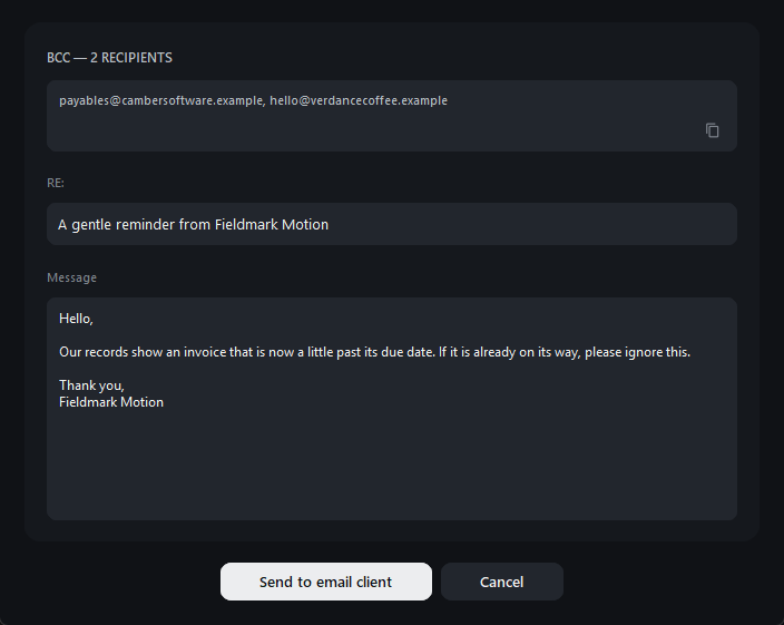 The collections email dialog: every customer in the 1 to 30 day bucket in the BCC field, with an editable subject and message.