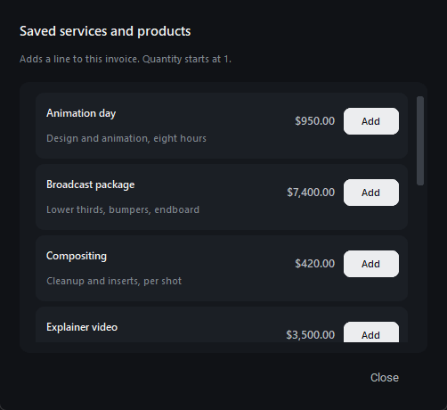 A list of saved services and products with their rates, ready to add to an invoice.