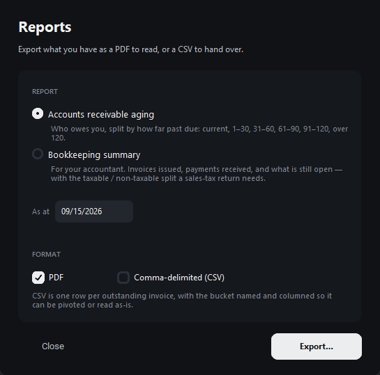 The reports window: choose a report and a date range, then export as PDF or CSV.